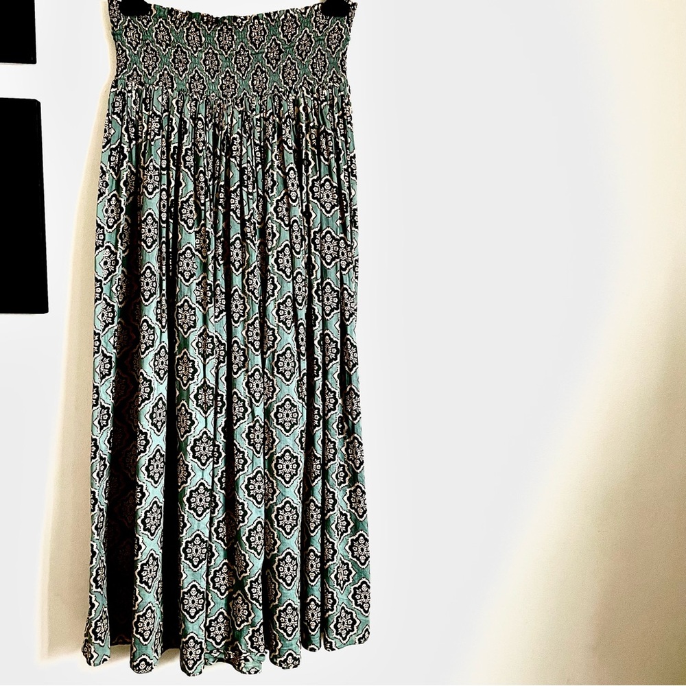 Zara Boho Drawstring Smock Waist Medallion Printed Maxi Skirt In Green S NWT - Picture 7 of 15